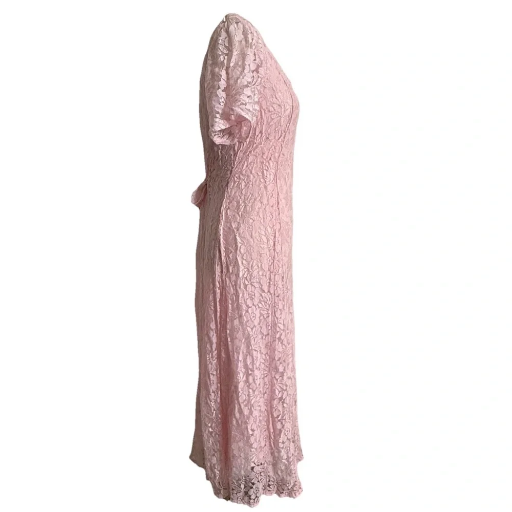 VTG Nostalgia Maxi Gauzy Lace Dress sz M Pink Short Sleeve Flowy Fairy Boho - Picture 5 of 7